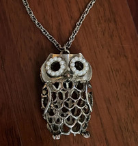 Owl Necklace Pendant White Pearly Bead Eyes Brass Tone Long Chain Charm - $17.81