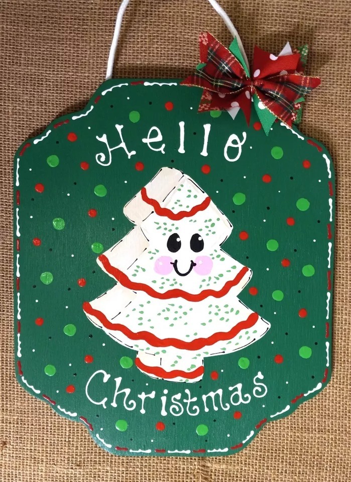 Hello Christmas Tree Cake SIGN Holiday Hanger Door Plaque - $29.98