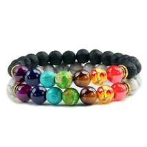2 Pcs/set 7 Chakra Bracelets Couple Distance Black Lava Stone Beads Yoga Bracele - £8.84 GBP