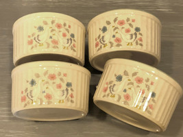 4 Stoneware Ramekin Custard Cups Cream Color Dishes Ribbed Design Floral 4&quot; - £25.17 GBP