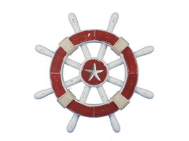 [Pack Of 2] Rustic Red And White Decorative Ship Wheel With Starfish 12&quot;&quot; - £41.06 GBP