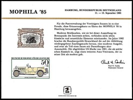 USPS PS59 Souvenir Card, Mophila'85, Germany Mereides and US car stamp, 1985 - $5.33