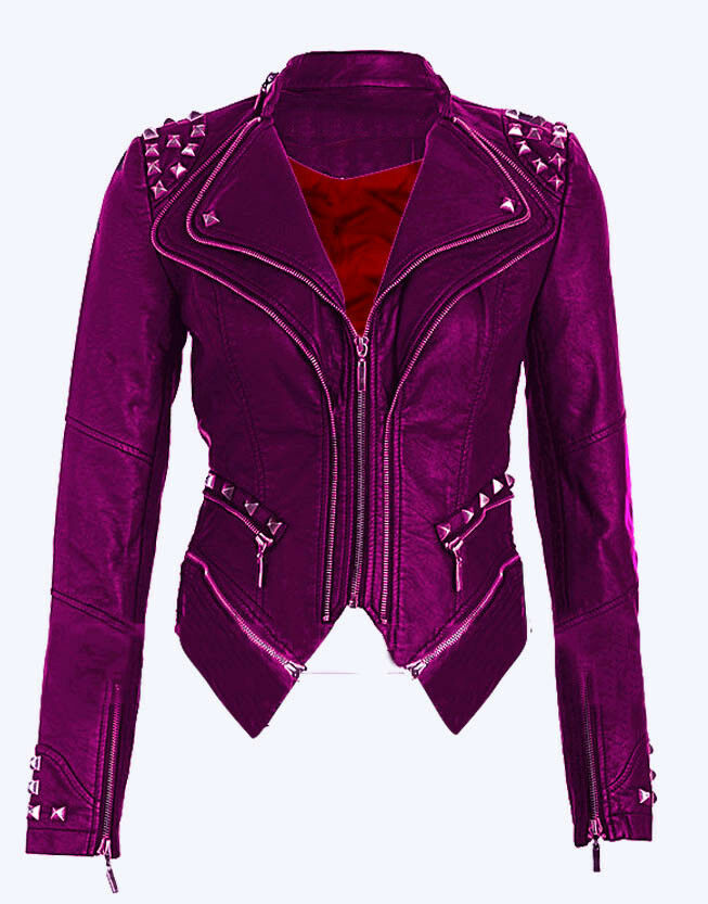Women's Purple Color Biker Vintage Leather Silver Small Studded Quilted Jacket