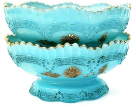 Northwood Chrysanthemum Sprig Berry Bowls Blue Custard W/Gold Set of 2 EAPG - £95.64 GBP