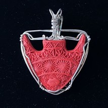 Carved Red Faux Cinnabar &amp; Handmade Silver Wire Wrapped Pendant 1.5” - £24.07 GBP