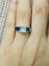 2Ct Princess Cut Diamond &amp; Blue Sapphire Three Stone  Ring 14K White Gold Over - £81.85 GBP