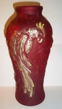 Fenton Glass Ruby Red Satin Gold HP 12.5&quot; Parrot Vase NFGS Exclusive 2011 - £190.37 GBP
