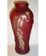 Fenton Glass Ruby Red Satin Gold HP 12.5&quot; Parrot Vase NFGS Exclusive 2011 - £193.21 GBP