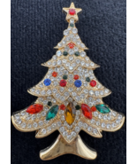 Rhinestone Christmas Tree Brooch Gold Tone Multi Color Holiday Pin - $34.64