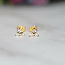 14K Yellow Gold Plated Silver Round Moissanite Diamond 3 Stone Mini Stud Earring - $49.86