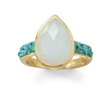 Pear Solitaire Rainbow Moonstone &amp; Crushed Turquoise Ring 14K Yellow Gold Plated - £94.58 GBP