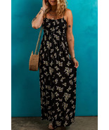 Black Floral Spaghetti Strap Shirred Bodice Tied Empire Waist Maxi Dress - $27.37