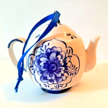 Small Teapot Christmas Ornament Ceramic Blue White - £11.01 GBP