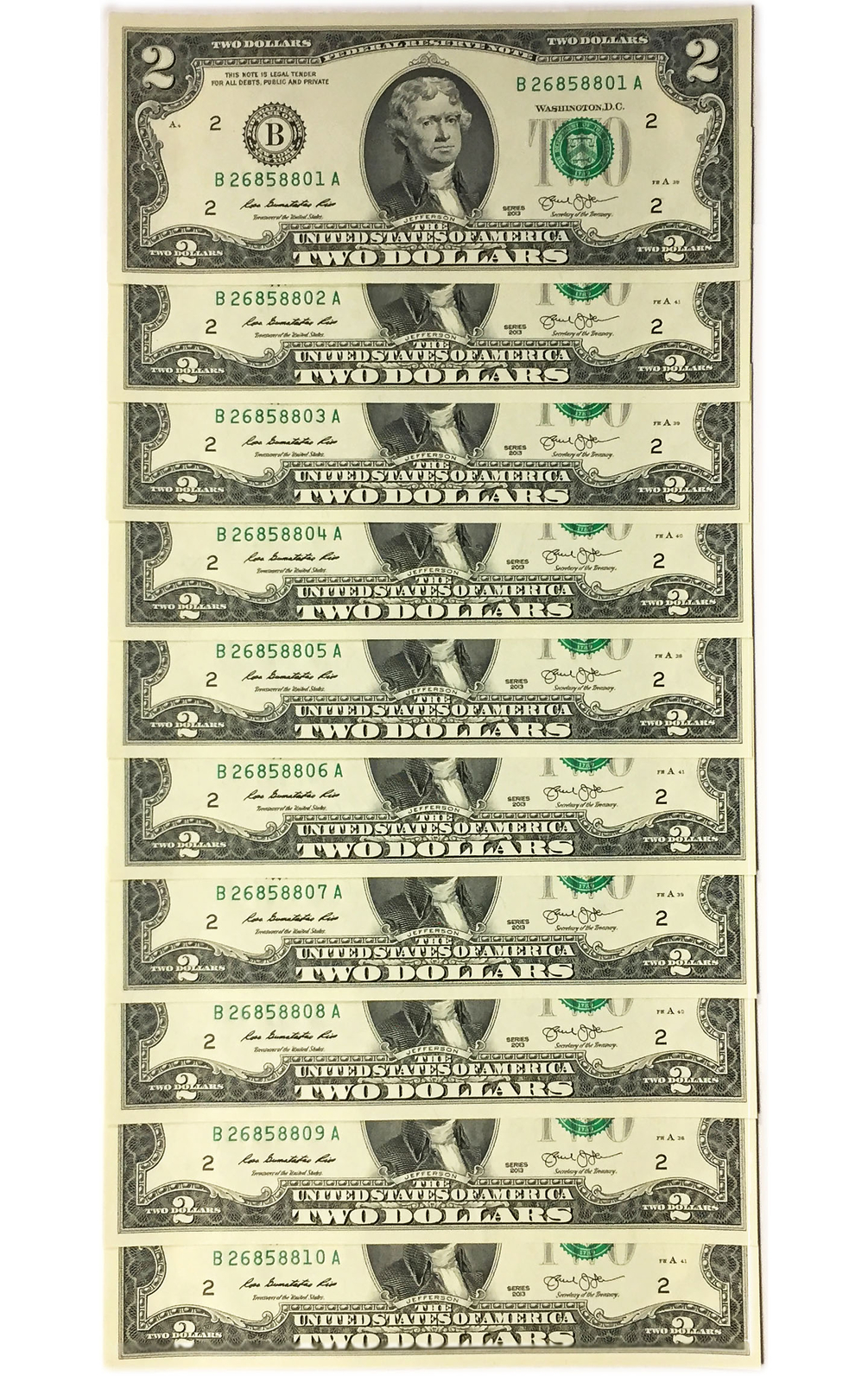 10 Consecutive Serial # US $2 DOLLAR BILLS Uncirculated in 10-Pocket POR... - $45.98