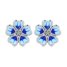 100% 925 Sterling Silver Blue Flower Stud Earrings For Women Wedding Fashion Ann - £17.01 GBP