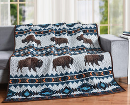 Southwest Navajo Vector Bison Buffalo Blue Cozy Plush Quilted Throw Blanket - £32.04 GBP