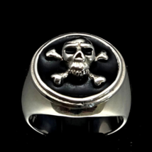 Sterling silver ring Pirate Skull on Crossed Bones Jolly Roger with Black enamel - £91.90 GBP