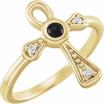 Authenticity Guarantee 
14k Yellow Gold Black Onyx and Diamond Ankh Cross Ring - £630.69 GBP