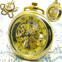 Pocket Watch Mechanical Skeleton Gold Color 43 MM for Men Roman Nrs and Chain 45 - £20.77 GBP