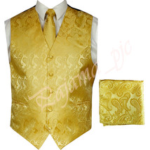 Gold XS to 6XL Paisley Tuxedo Suit Dress Vest Waistcoat &amp; Neck tie Hanky  - $26.10+