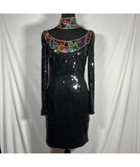 Vintage Sequin Black Cocktail Dress 80s Niteline Party Dress Rainbow Bea... - $95.92