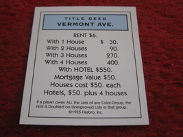 2004 Monopoly Board Game Piece: Vermont Ave Title Deed - $1.00