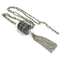 Lucky Brand Silver Tone Tassel Pendant Necklace Dark Gray Crystal Rhinestones - £17.22 GBP