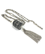 Lucky Brand Silver Tone Tassel Pendant Necklace Dark Gray Crystal Rhines... - £17.38 GBP