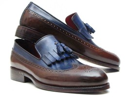 Paul Parkman Mens Shoes Loafers Dark Brown Navy Blue Tassel Handmade KT44BN - £399.66 GBP