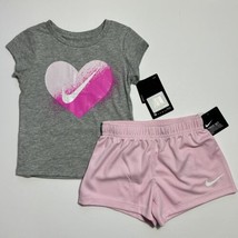 Nike Toddler Girls Heart Swoosh Tee Shirt &amp; Shorts Set Outfit Grey Pink ... - £18.34 GBP
