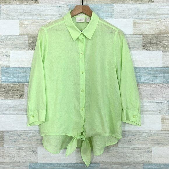 Primary image for Chicos Linen Lydia Tie Front Shirt Green Lagenlook Non Iron Womens Large 2