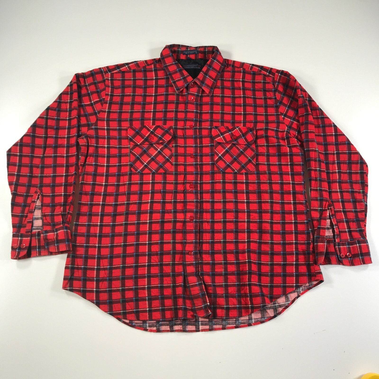 Vintage Van Heusen Flanell Shirt Herren XL Rot Kariert Knöpfe Winterweights - $26.71