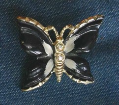 Crystal Rhinestone, Black &amp; White Enamel Butterfly Brooch 1960s vintage 1 3/4&quot; - £10.31 GBP