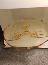 Vintage Depression Yellow Glass 10&quot; Dessert Plate Cake Stand Lancaster 3 Footed - £11.18 GBP