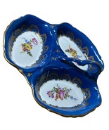 Vintage French Couleuvre Ligne Limoise Blue Gold Floral Divided Dish W/ ... - $49.50