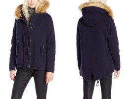 Levi&#39;s Women&#39;s Fishtail Swing Coat Cotton Removable Faux Fur Hood, Navy ... - $90.00