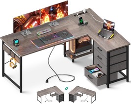 Aodk L Shaped Desk With 4 Tier Drawers, 53&quot; Reversible Gaming Desk, Grey Oak - £146.53 GBP