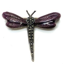 Vintage Sterling Judith Jack Purple Enamel Guilloche Marcasite Dragonfly Brooch - £38.77 GBP