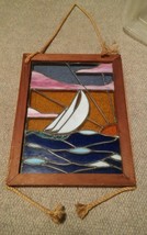 VTG Wood Framed Stained Glass Sailboat Window Rope Accents 23x18 - £175.85 GBP