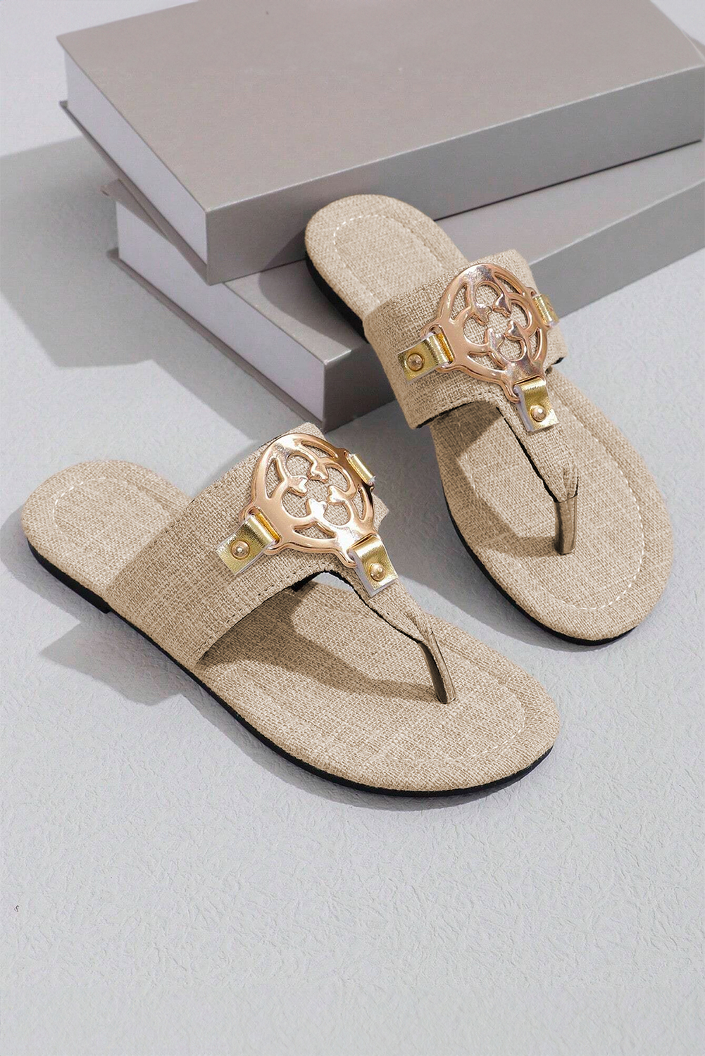 Beige Metal Decor Leather Thong Slippers Item image 4