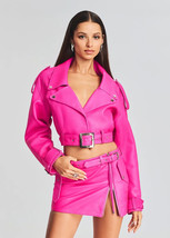 Pink  Soft Dress Women&#39;s Stylish Lambskin Winter Hot Party Barbie Leather - $196.35+