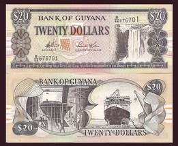 Guyana P30d, 20 Dollars Kaieteur falls / shipbuilding, ferry - see UV,  UNC - $1.88
