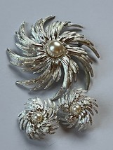 Vintage Demi Large Sarah Cov Marked Silvertone Swirl Flower w Faux Pearl Center - $14.89