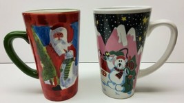 2 Tall Christmas Mugs Coffee Cups Tea Latte Sakura Table Santas Gifts Po... - $27.69