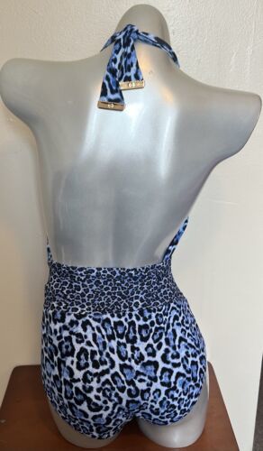 Michael Kors One Piece Swimsuit Size 10 Blue Leopard Print Crossover Halter NEW Item image 4