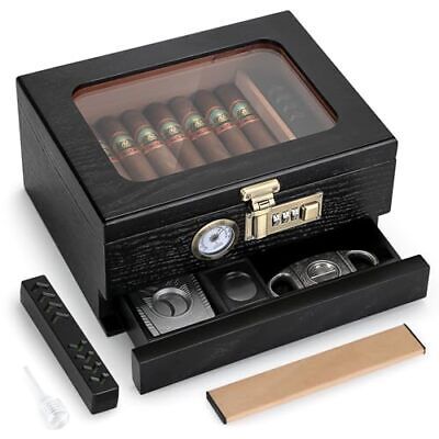 Black_amui-29 Tesonway Cigar Humidor, Cedar Wood Humidor Cigar Box, Glas... - $79.15