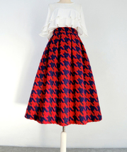Winter RED Houndstooth Midi Skirt Lady Plus Size A-line Pleated Party Skirt image 2