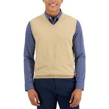 Club Room Men&#39;s Solid V-Neck Sweater Vest in Toast Heather-Medium - $14.99