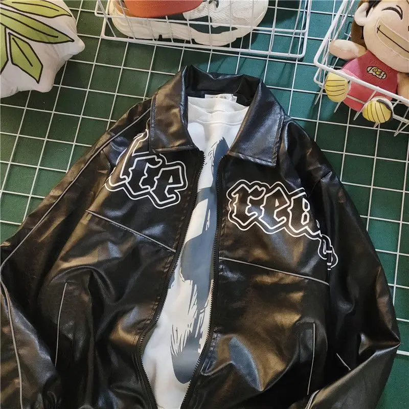 Unisex PU leather jacket Spring Autumn hip-hop reflective strip coat men&#39;s - $100.00