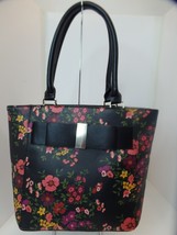 Apt 9 Black &amp; Floral Purse Bow Accent Manmade Materials Black Lined 11&quot; ... - £15.78 GBP